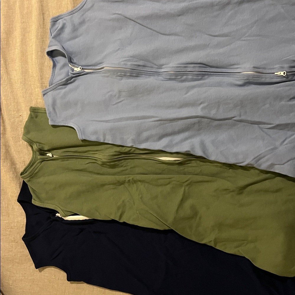 Set of Sleeveless Zip-Up Tops in Blue, Green, and Black